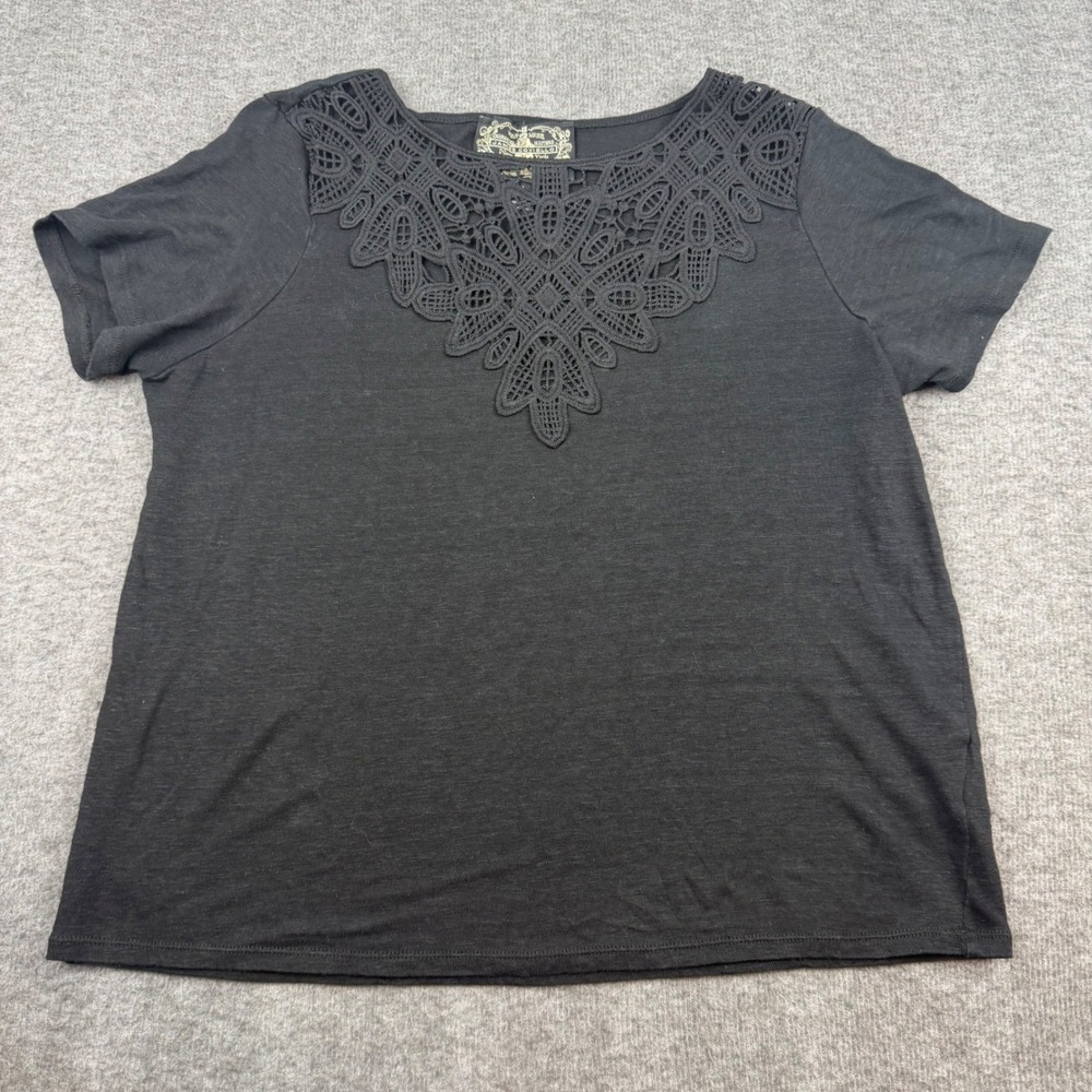James Coviello Top Womens Medium Black 100% Linen Crochet Lace Neck Short Sleeve